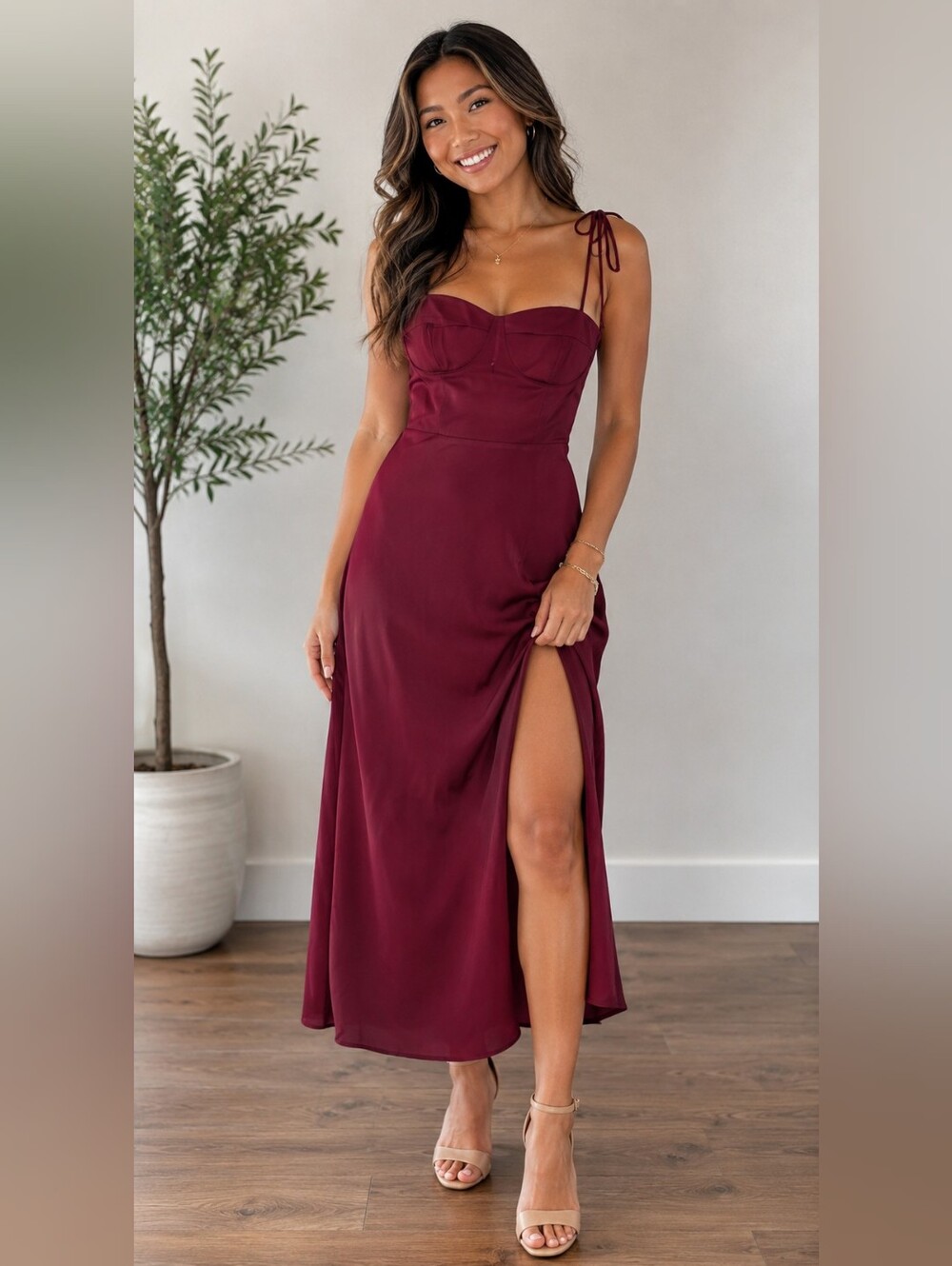 Boutique NWOT Adjustable Tie-Strap Burgundy Maxi Dress